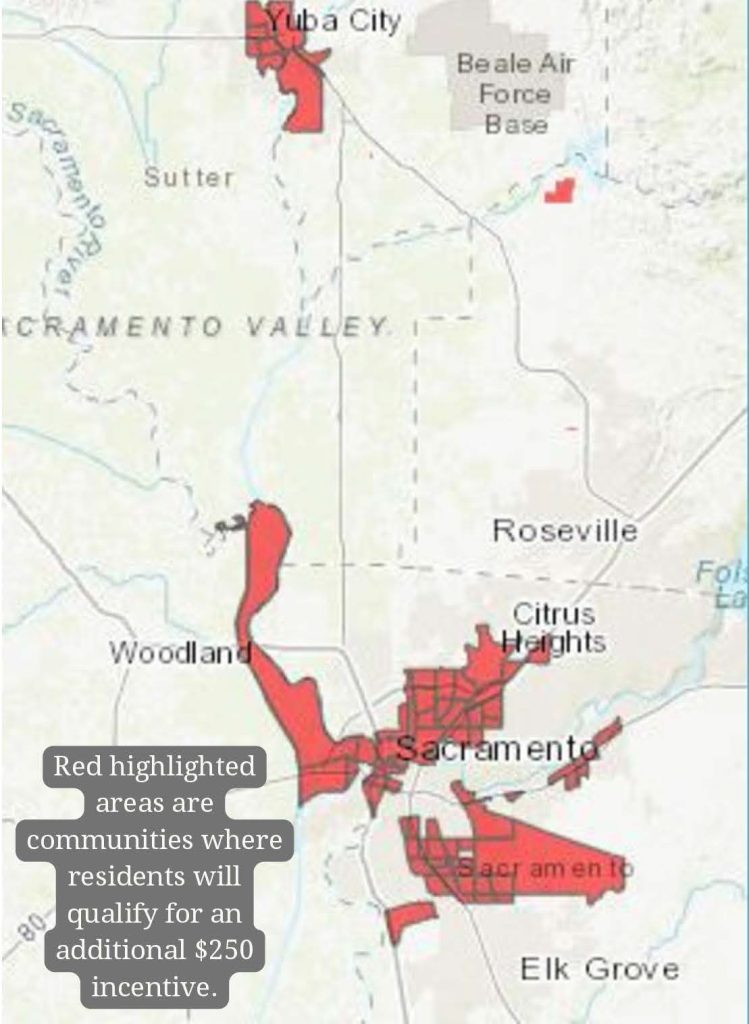 Map showing areas where residents will qualify for additional $250 incentive.