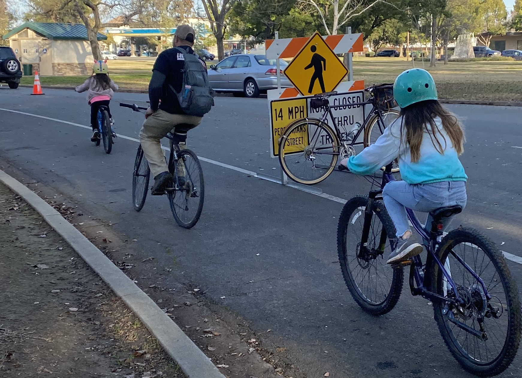 A man and two children ride their bicycles in a bike lane.