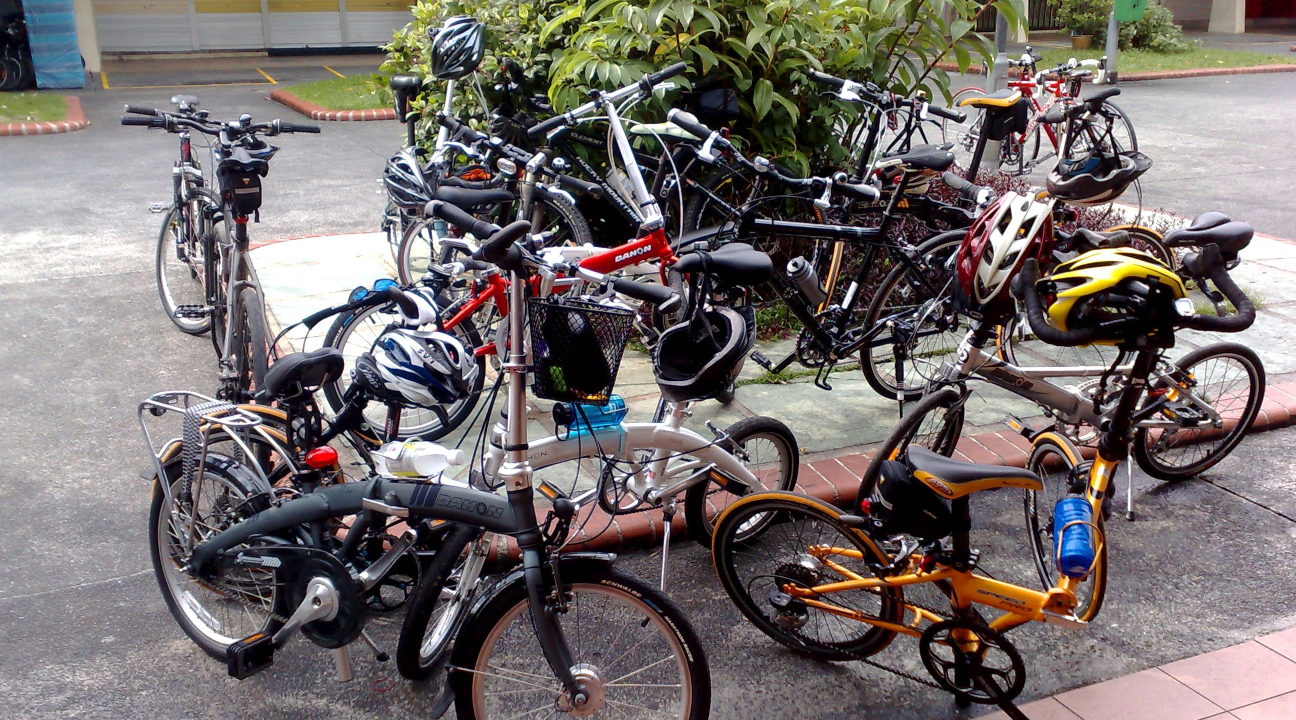 A group of bikes with helmets hooked on them around a bush.