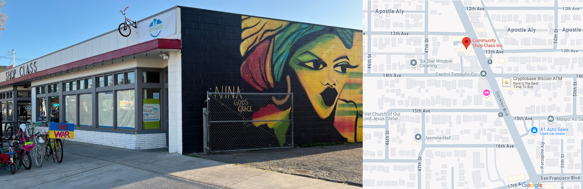 Storefront with the sign "Shop Class" and a mural of a woman's head on the side with a map showing a location on Stockton Blvd.