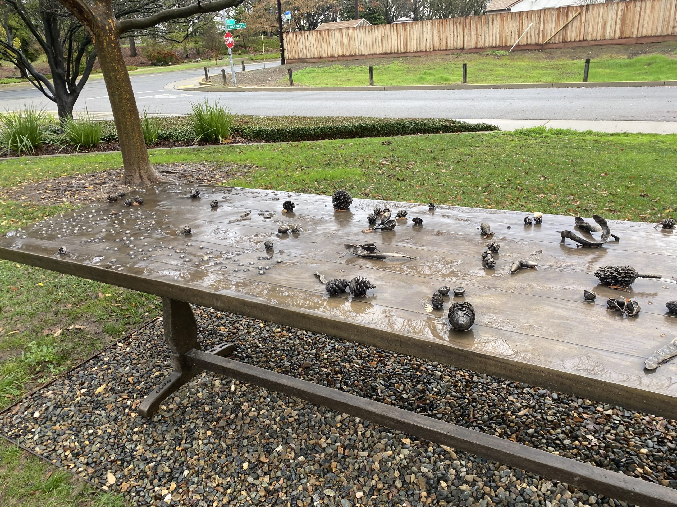 Nature objects made out of metal on a table.