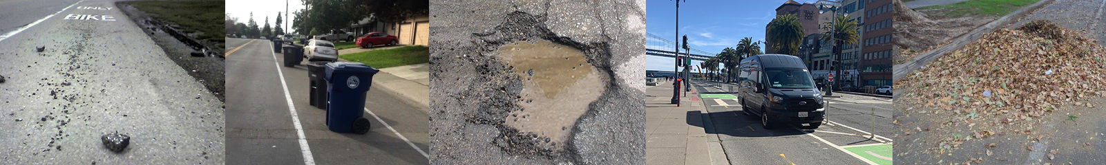 Hazards in bike lanes - a pile of leaves, trash bins, pothole, and debris.