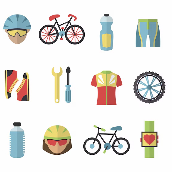 Bike helmets, water bottles, clothing, and tools.