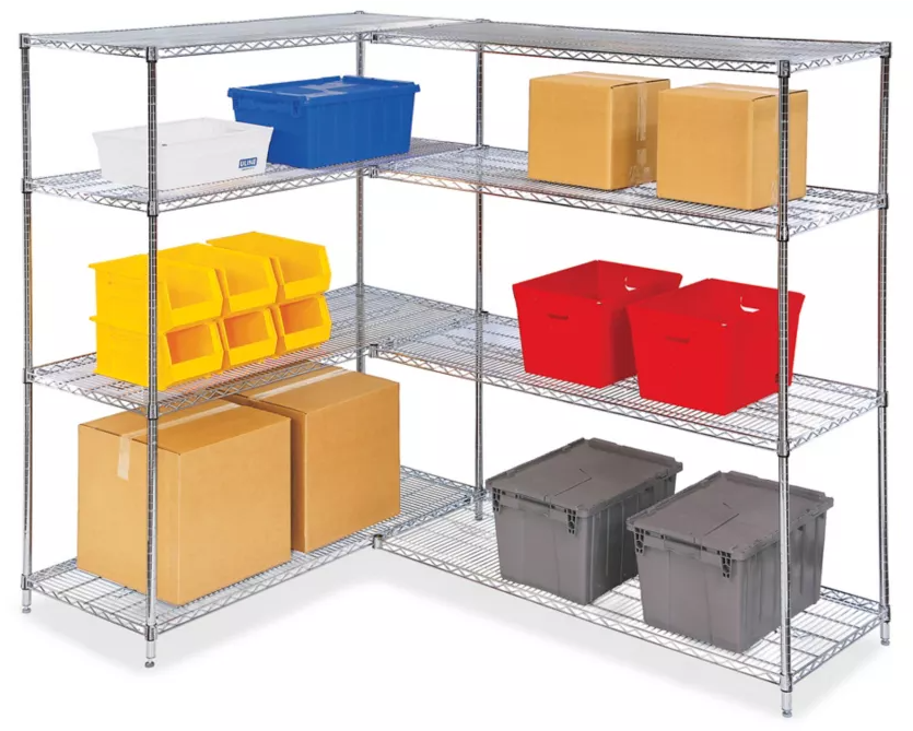 Storage containers on wire shelving.