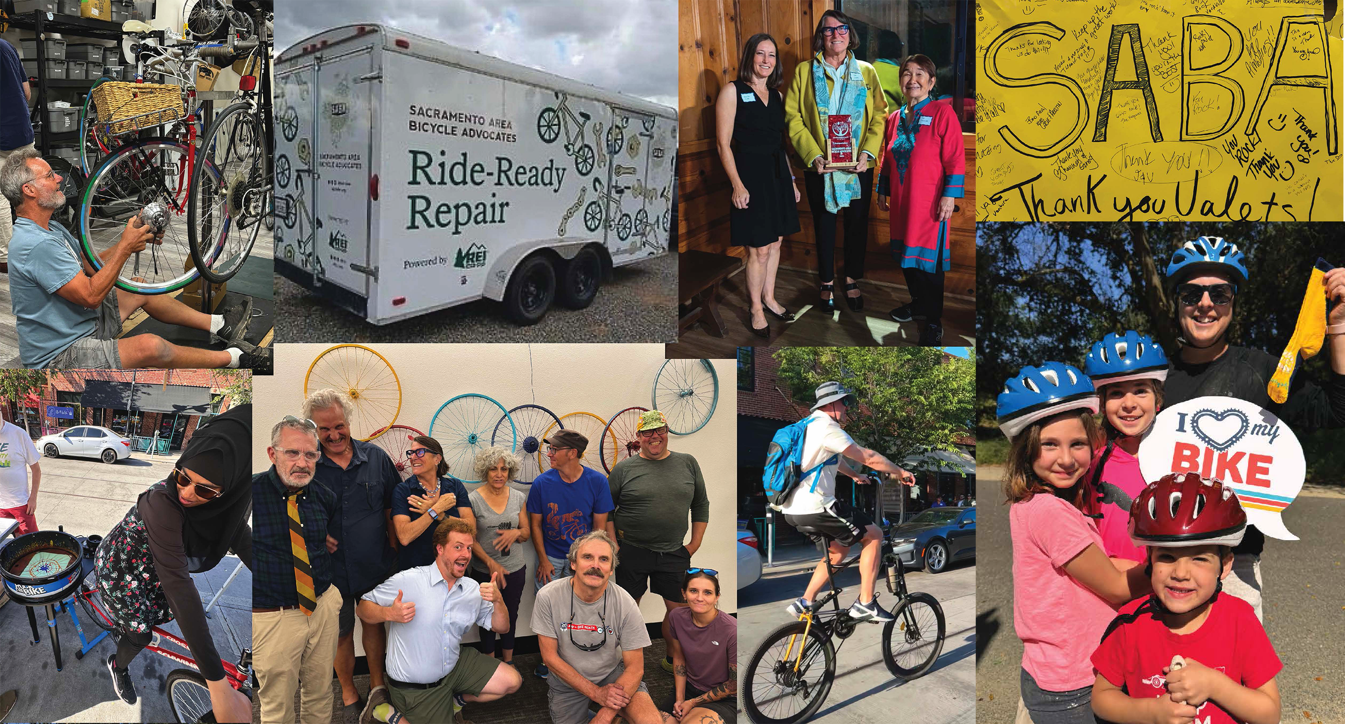 SABA Staff, bike repair van, and people on bikes.